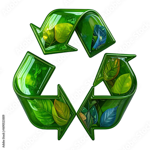 Green glossy recycling symbol with leaves