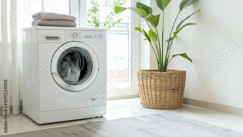 Washing machine and laundry appliance with folded towels on top in bright home laundry room featuring plant near large window