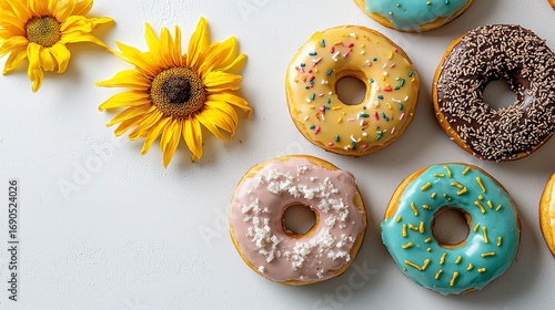 Colorful Donuts with Sprinkles and Sunflowers on White Background, Generative AI