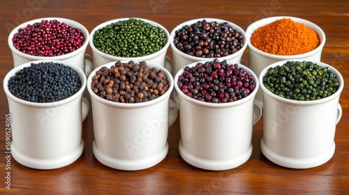 Colorful Dried Legumes and Spices in White Bowls on Wood, Generative AI