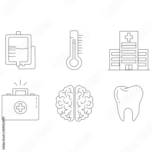 Healthcare and Medical Icons Blood Bag, Thermometer, Hospital, First Aid, Brain, Tooth