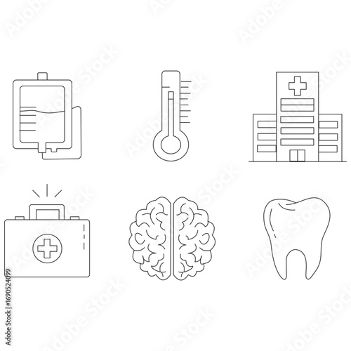 Collection of Medical Icons Intravenous drip, thermometer, hospital, first aid, brain, tooth - Healthcare concept