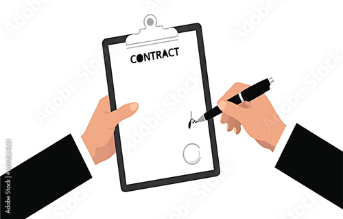 Person signing a contract on a clipboard with a pen and a seal agreement business