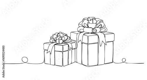 Elegant line art illustration of two wrapped gift boxes with bows for festive celebrations