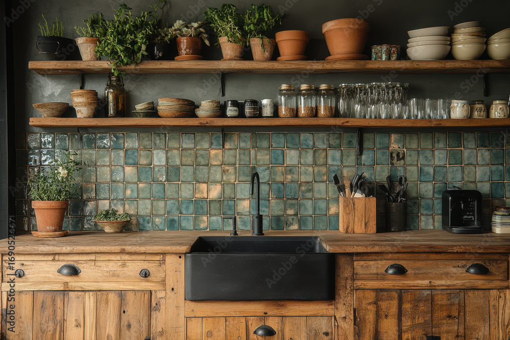 Fototapeta premium Wooden cabinet with open doors next to a stainless steel sink in a kitchen.