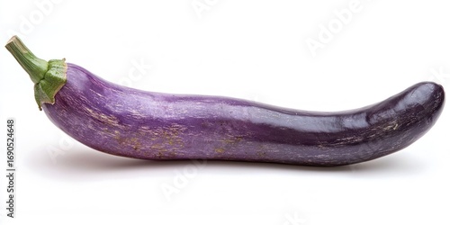 Wallpaper Mural A long, slender eggplant rests on a white surface. The eggplant has a deep purple color with subtle streaks and a glossy sheen. Its stem is visible at the end, and the leaves are green.  Torontodigital.ca