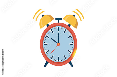 Red alarm clock with yellow bells ringing on white background time morning