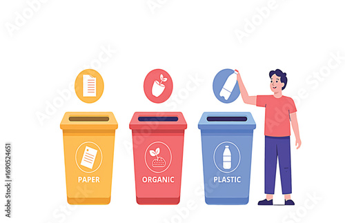 Recycling bins for paper organic and plastic with a person waste sorting