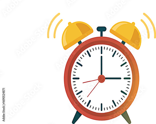 Red Alarm Clock with Yellow Bells Ringing on White Background time wake up