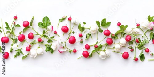 Wallpaper Mural A vibrant arrangement of radish sprouts and flowers is delicately placed along a white horizontal line. The sprouts feature small, bright red radish buds and white flower blossoms Torontodigital.ca