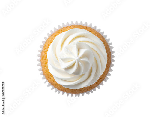 Top-down view of a vanilla cupcake with white frosting swirls