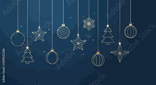 Elegant gold Christmas ornaments hanging on dark blue background for festive holiday designs and seasonal celebrations