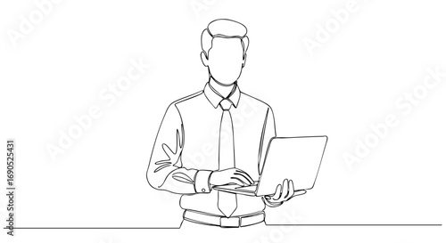 Professional businessman working on laptop with a tie in continuous line art style for business concepts