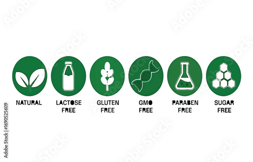 Set of Six Green Circular Icons Representing Food Product Attributes natural lactose free