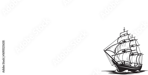 Black and white vector illustration of a sailing ship with full sails on choppy water sailboat vessel