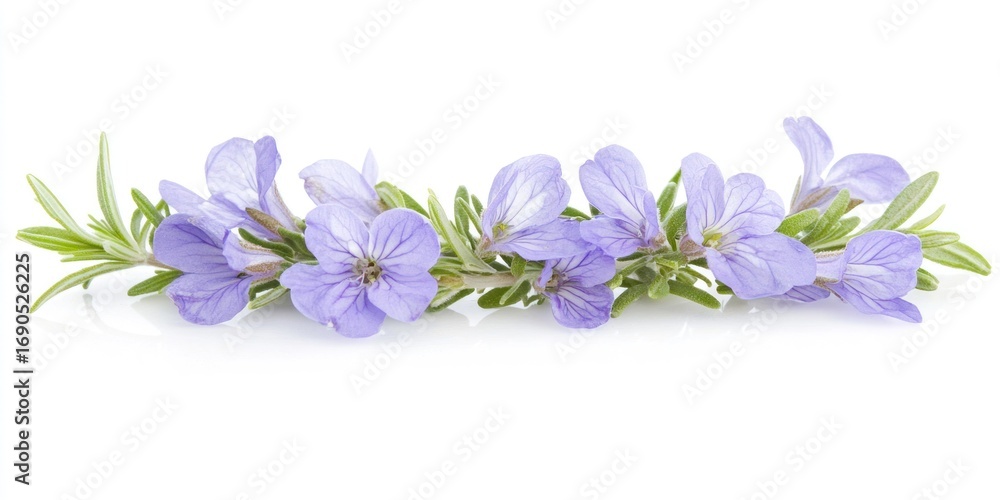 Obraz premium A close-up shot of a sprig of purple flowers, likely rosemary, resting on a white surface. The flowers are small and delicate, with a light lavender hue. The stems are green and slightly glossy. 