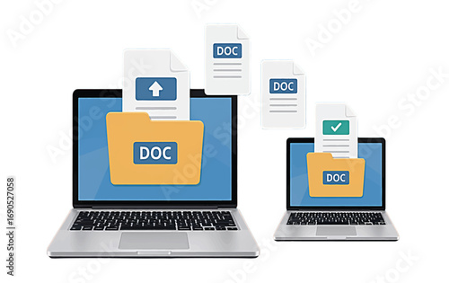 Two Laptops Transferring Document Files with Folders and Icons computer