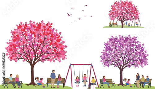 Families and children enjoying park playground with colorful flowering trees, swings, benches, outdoor relaxation, social interaction, springtime, nature, community