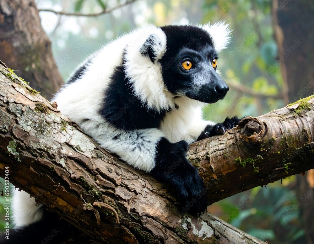 Naklejka premium Black and white lemur resting on a tree branch