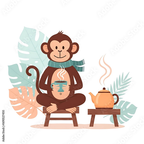 Cheerful Monkey Holding a Tea Cup  good morning Vector Illustration