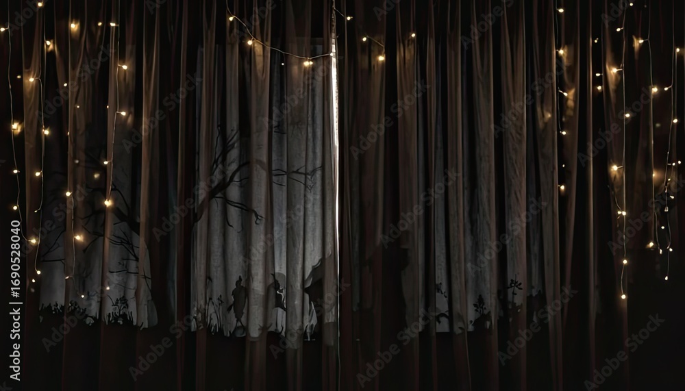 Obraz premium Nighttime Enchantment, Silhouettes Behind Curtains, Cozy Home, Photography, Warm Atmosphere, Captivating Viewpoint, Mystical Concept