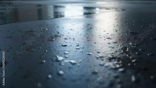 Wet floor with water droplets reflects light in an indoor space.