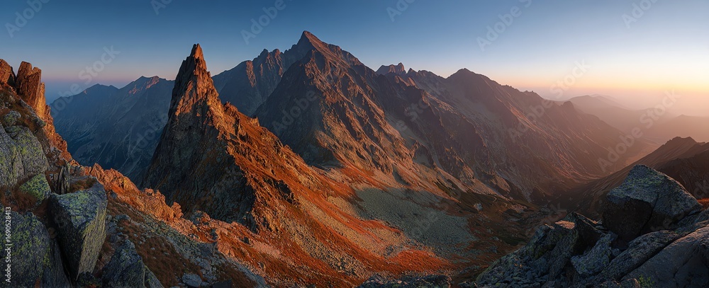 Obraz premium Golden light illuminates a dramatic mountain range, showcasing rugged peaks and valleys bathed in warm hues during the tranquil hours of sunrise, evoking a sense of awe.