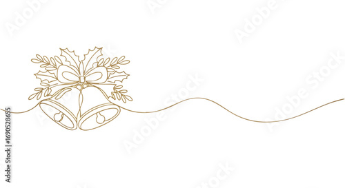 Elegant gold Christmas bells with holly leaves, a single line drawing ideal for holiday greeting cards