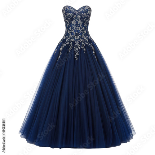 Navy blue ball gown with silver embroidered bodice