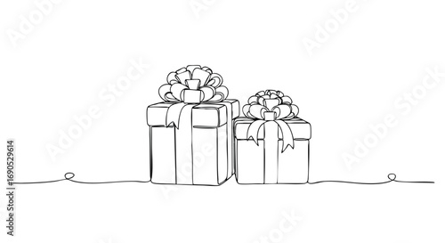 Modern minimalist line art of two gift boxes with bows offers elegant touch for holiday promotions