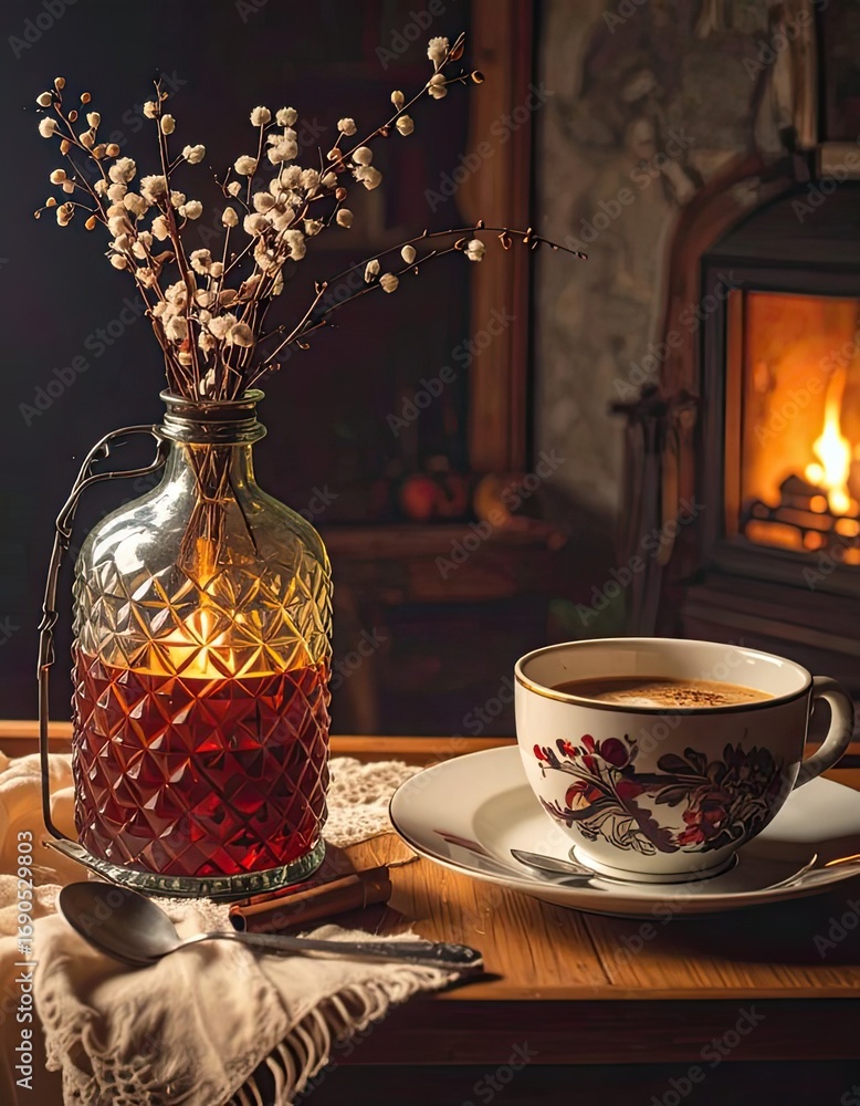 Fototapeta premium Cozy Tea Experience in a Rustic Cabin Setting