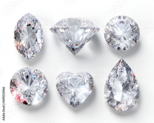 Six sparkling clear gemstones with different cuts sit on a bright white surface, reflecting light and shadow in a mesmerizing display of facets