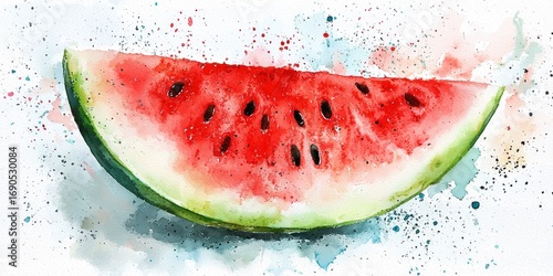 A watercolor painting depicts a vibrant slice of watermelon. The slice is a bright red color with a dark black rind and a pale green rind. The watermelon is resting on a white surface