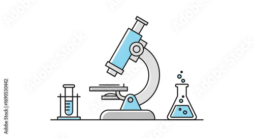 Illustration of science lab equipment including microscope test tube and beaker for scientific research