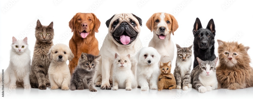 Fototapeta premium A variety of dogs and cats of different breeds are posed on a bright white background, looking directly at the viewer. Happy, fluffy and furry pets