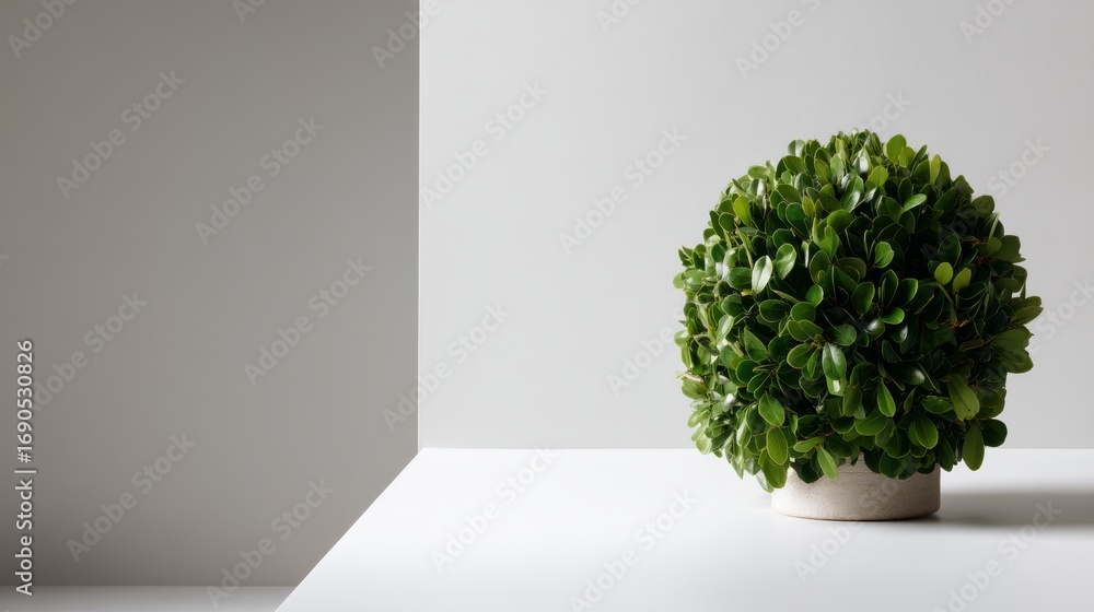 Fototapeta premium Small round green shrub with dense foliage in a white pot, neatly trimmed, placed on a white surface against a minimal white background, emphasizing freshness, symmetry, and natural beauty