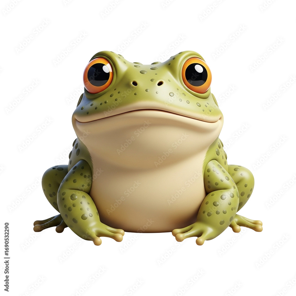 Obraz premium 3D cartoon PNG of frog with orange eyes, playful whimsical amphibian character design for children’s books, educational materials, or animated games