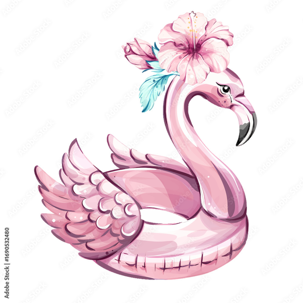 Obraz premium Bright and cheerful pink flamingo float adorned with tropical hibiscus flowers, perfect for summer relaxation and beach fun in vibrant coastal settings