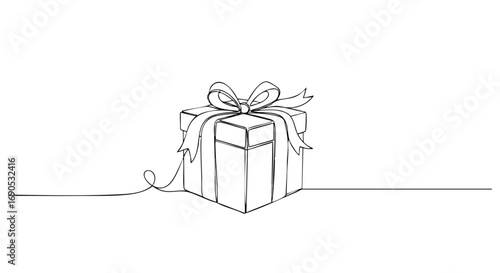 Elegant single line drawing of gift box with ribbon for modern design elements and holiday promotions