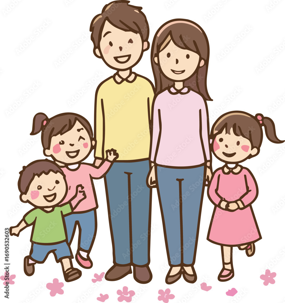 Happy family with three children smiling, standing together, spring season concept, parenthood, love, bonding, joyful moment, cartoon illustration, floral background Happy family with three children smiling, standing together, spring season concept, parenthood, love, bonding, joyful moment, cartoon illustration, floral background