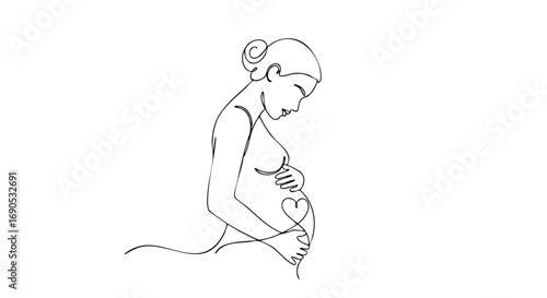 Elegant line art of a pregnant woman embracing motherhood with love and anticipation for new life