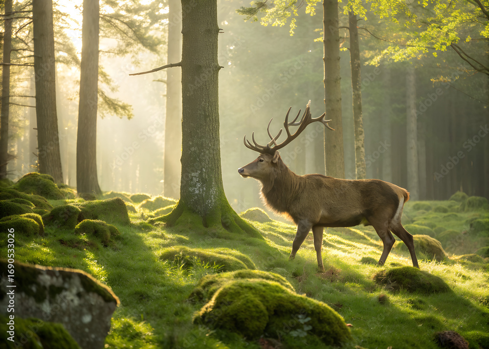 Fototapeta premium Majestic Deer in Enchanted Forest Sunrise