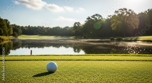 A golf ball rests on the tee box with a serene lake and course in the background.