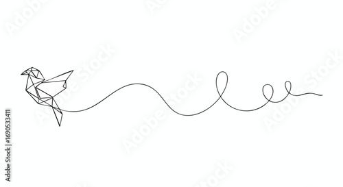 Elegant origami bird soars freely on whimsical line, offering hope and inspiration for new beginnings