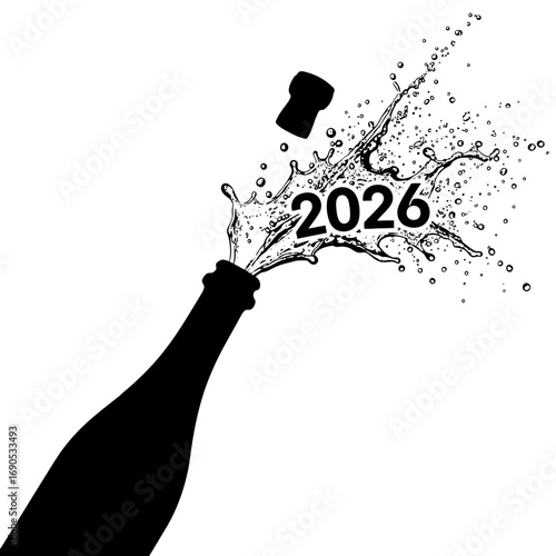 Champagne bottle popping with 2026 splash silhouette isolated on white background