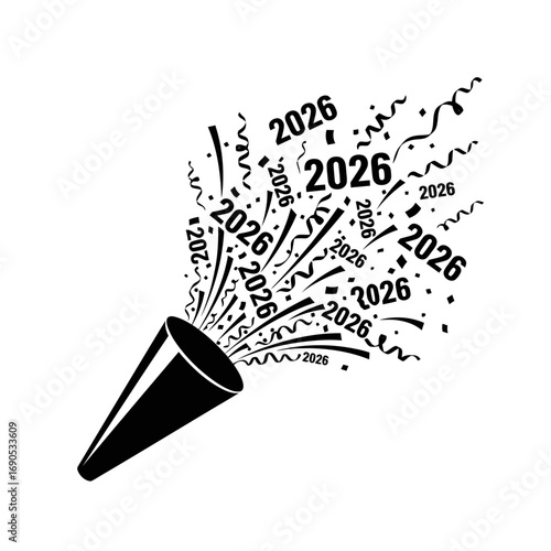 New year 2026 celebration popper confetti silhouette isolated on white background