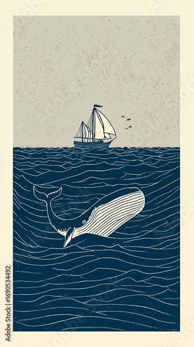 vintage japanese woodblock print sailing boat whale ocean nautical illustration blue minimalist artwork