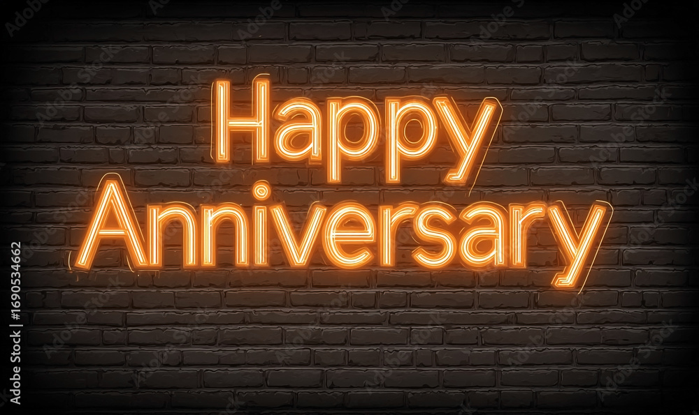 Obraz premium Glowing Happy Anniversary Neon Sign on Dark Wood Background.