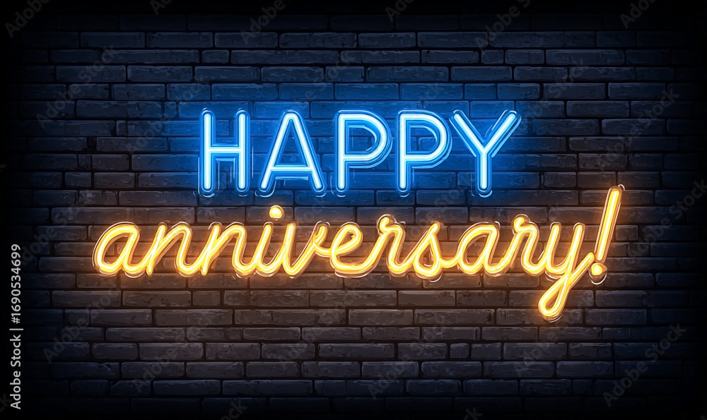 Obraz premium Vibrant Neon Happy Anniversary Message Illuminates Textured Brick Wall.