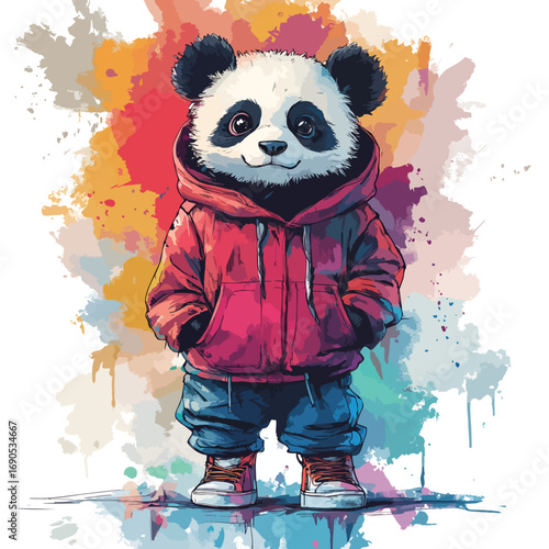 Vector Illustration of Adorable Panda Bear Character in Casual Clothing in Modern Cartoon Style with Bright Color Palette